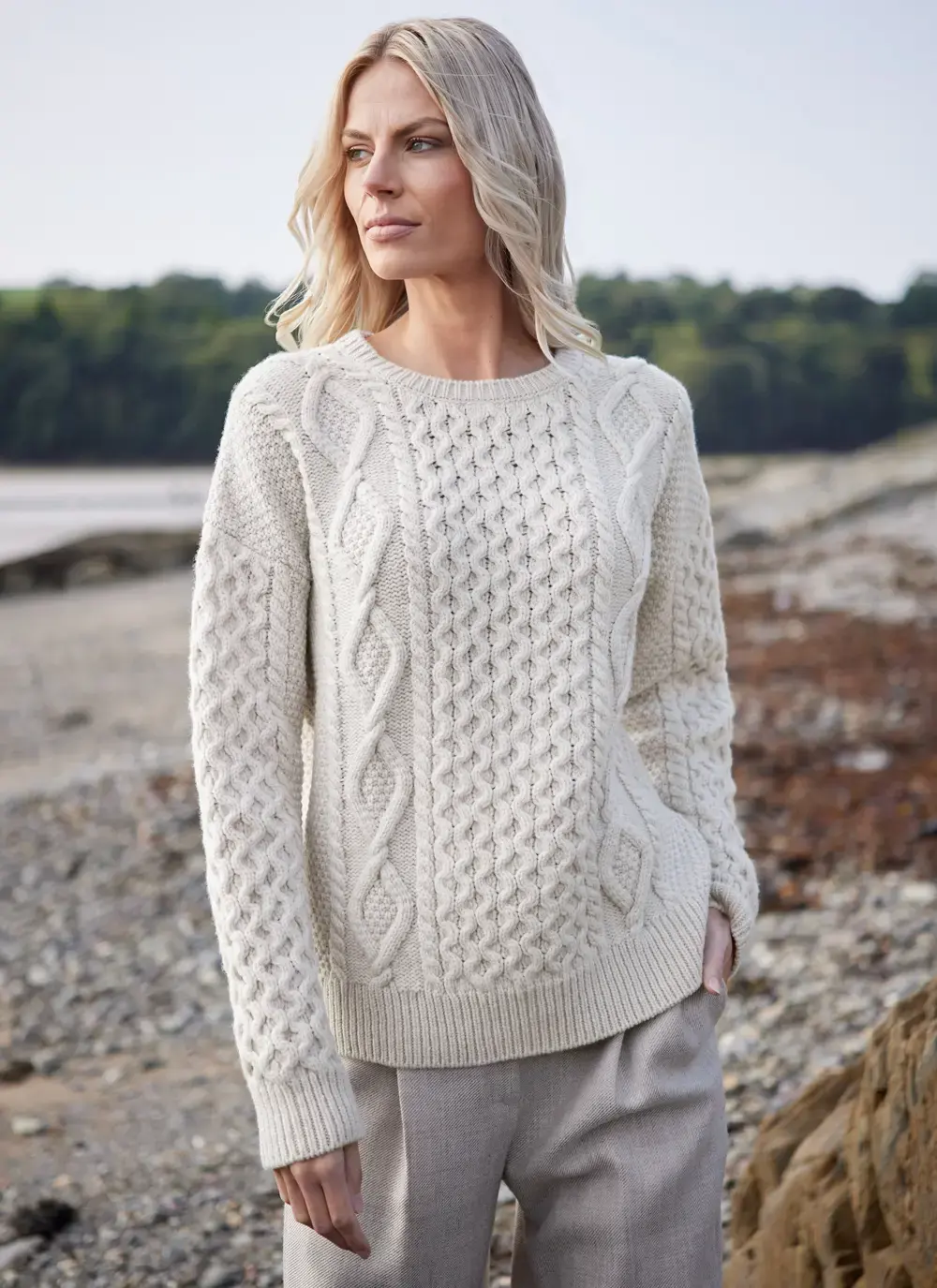 Arranmore Merino Slouchy Crew Neck Sweater in Cream